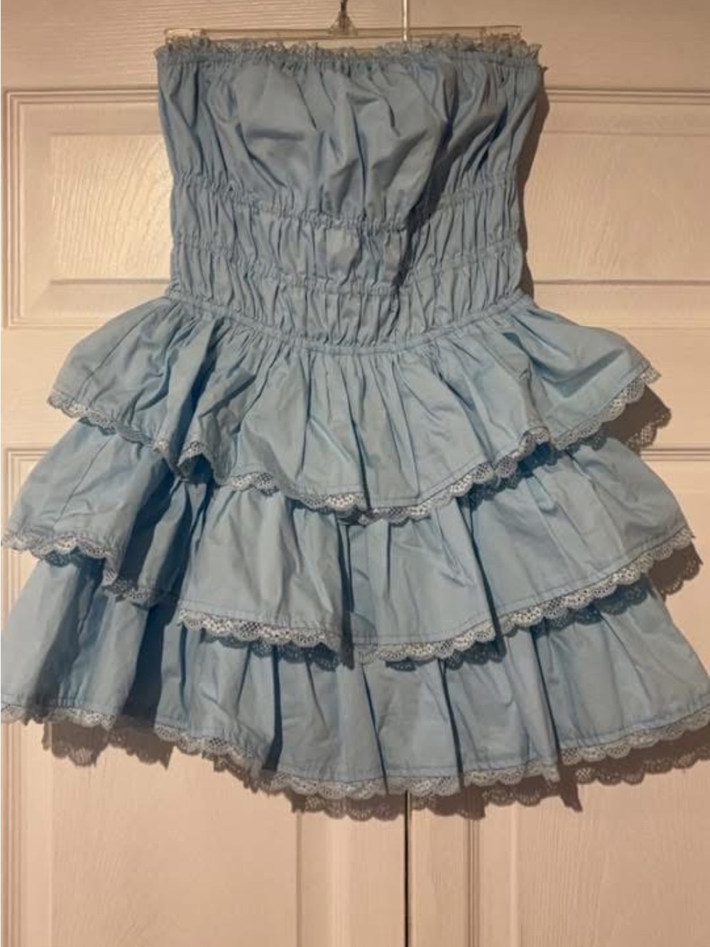 Strapless Light Blue Ruffled Tiered Mini Dress / Romper